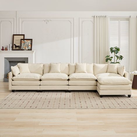 Canapé d'angle 4 places moderne, sans pouf, pour salon, chambre et appartement, assise rembourrée double épaisseur, tissu chenille respirant, beige, DEFO5014BG (1/5)
