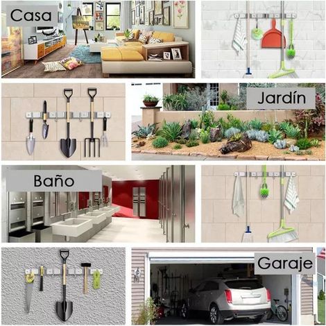 Porte-Balai Porte-Serpillère 304 Stainless Steel avec 3 Étagères et 4 Crochets Multifonctionnel Fixation Sans Percer pour Rangement Lavage Garage (1/5)