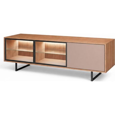 Porta TV 3 Ante Con 2 LED Inclusi 2 Ante Vetro Fumè Mobile TV Moderno Con Ripiani Interni E Piedi In Ferro Nero Stile Industrial 185 x 60 x 40 Cm Colore Rovere E Grigio Caldo