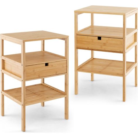 Conjunto de 2 mesitas de noche versátiles 40x40x68 cm con cajón y estantes modernos en bambú natural 200012486
