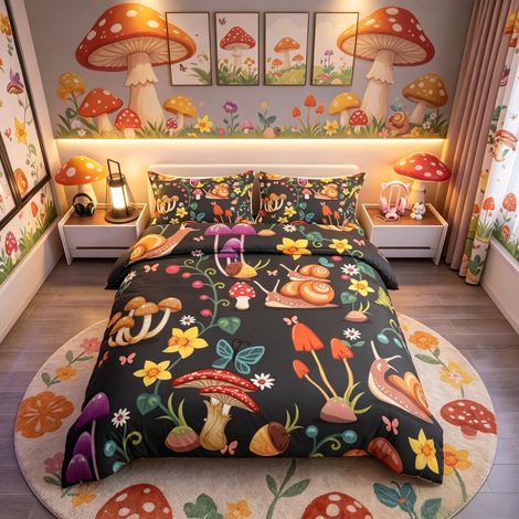 Housse de couette 3 pièces sur le thème des escargots et des animaux, avec fermeture éclair, attaches, champignon, rose, fleur, marron, ultra douce, parure de lit jardin exotique pour adolescents (1/5)