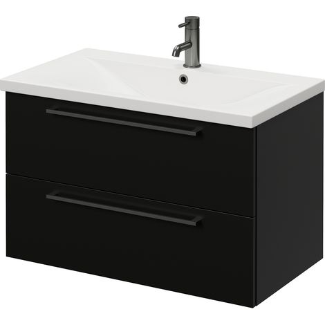 Napoli 460 Matt Black 800mm Wall Mounted 2 Drawer Vanity Unit with Glide Basin - 800mm - Gunmetal Grey 480mm Handle