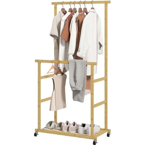 Portant à vêtements à roulettes, porte-manteau double barre en bambou avec étagère inférieure, 80x40x160cm, bois naturel
