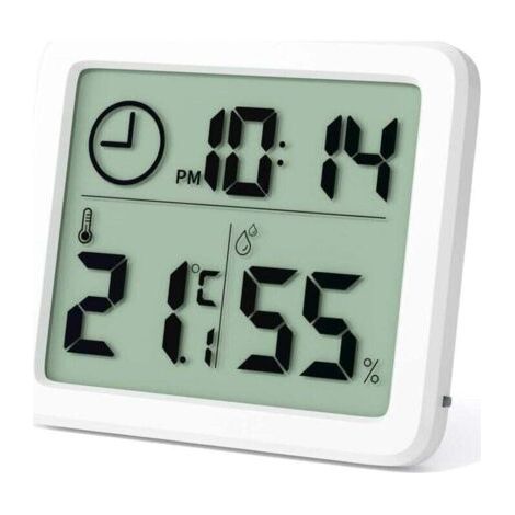 Mini digital thermometer for indoor use, XU, professional portable hygrometer with large display and clock. Precise white thermometer for home, children's room, office and greenhouse.--DTEKGAZ
