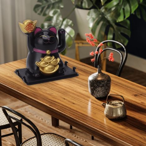 Chat porte-bonheur solaire miniature de 5 cm (2 pouces) à mouvement automatique, chat Feng Shui solaire, décoration de voiture/bureau/maison (bonsaï), cadeau MLY23101E - Noir (1/5)