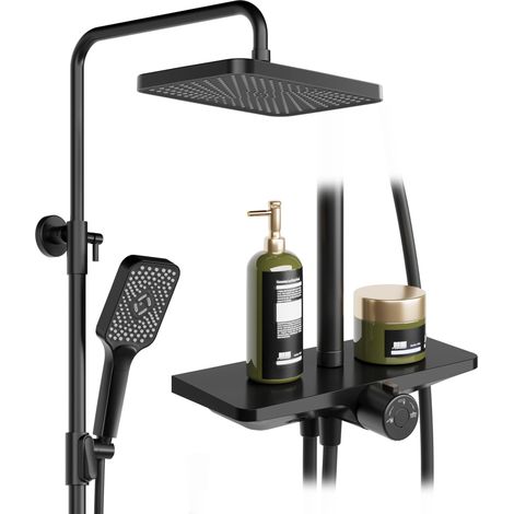 Douche à Effet Pluie, Sans Robinetterie, Avec éTagèRe, SystèMe De Douche Avec Pommeau De Douche En Acier Inoxydable, Colonne De Douche RéGlable, Douchette De TêTe (1/5)