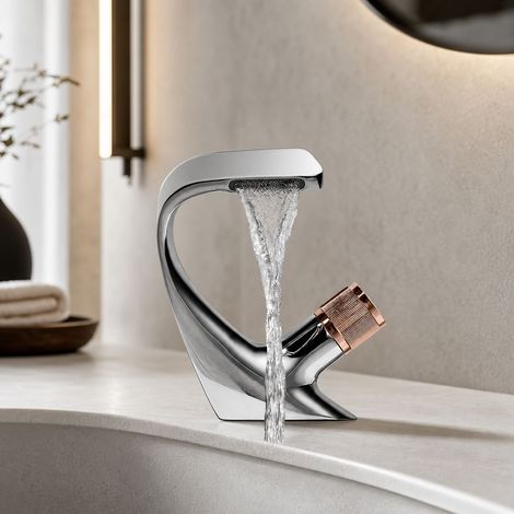 Robinet lavabo cascade assis en laiton H59, mitigeur eau chaude et froide avec poignée rotative dorée, finition chrome brillant (1/5)