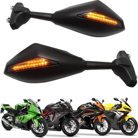 Black motorcycle rearview mirror with integrated LED turn signal and arrow
