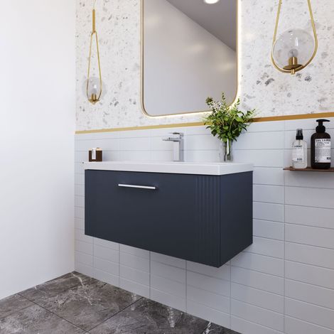 Nuie Deco Satin Soft Black 800mm Wall Hung Single Drawer Vanity Unit and Thin Edge Ceramic Basin - DPF1496D (1/5)