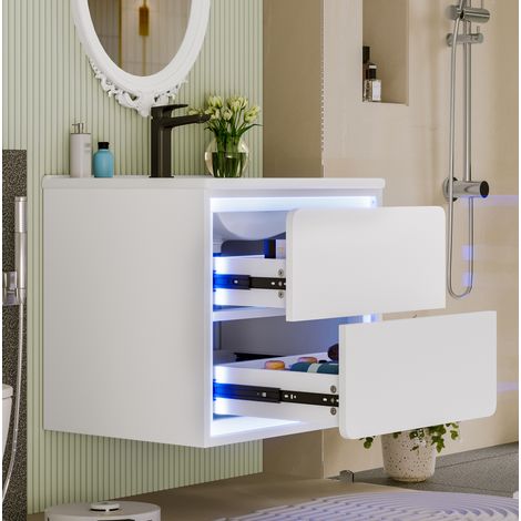 Waschtischunterschrank wandhängend 60 x 46 x 50 cm mit LED-Radarsensor, 2 Schubladen, weiß HAVRYA (1/5)