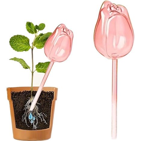 Lot de 2 boules d'arrosage automatique pour plantes, système goutte-à-goutte avec picots en terre cuite, motif tulipe, pour plantes en pot, rose (1/5)
