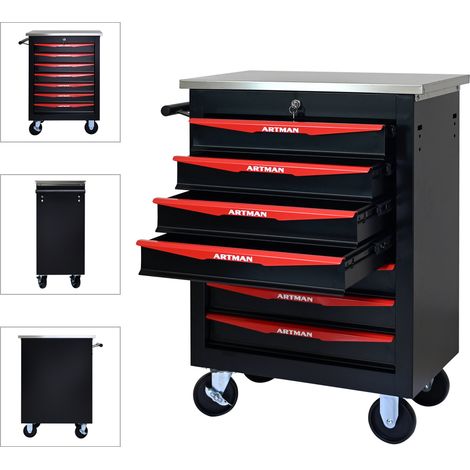 Chariot à outils multifonction à 7 tiroirs avec roues, chariot de rangement métallique à roulettes pour garage, atelier, entrepôt et atelier de réparation, avec toit en acier inoxydable - Noir & Rouge (1/5)