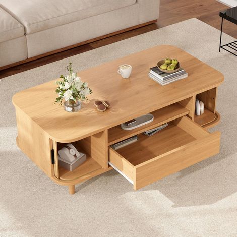 Mesa de centro 100 x 50 x 35 cm con 1 cajón, 2 puertas de persiana, compartimento abierto, patas de madera de estilo nórdico en mdf - natural (1/5)