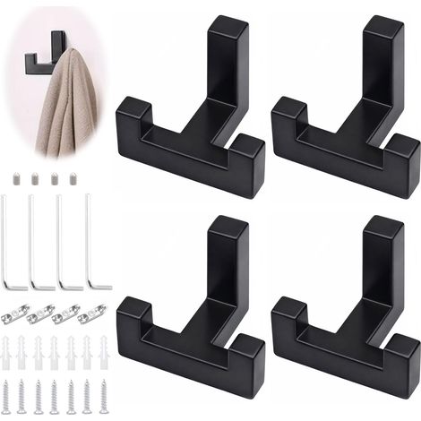 Lot de 4 Crochets de Penderie Noirs en Métal, Double Crochet à Visser, Crochets Muraux pour Panneaux Acoustiques, Chambre, Salon, Salle de Bain, Cuisine pour Manteaux, Vestes, Chapeaux et Sacs (1/5)