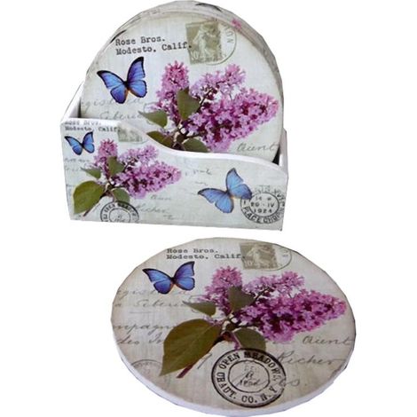 Juego de 6 posavasos redondos de madera con color lila. (1/3)