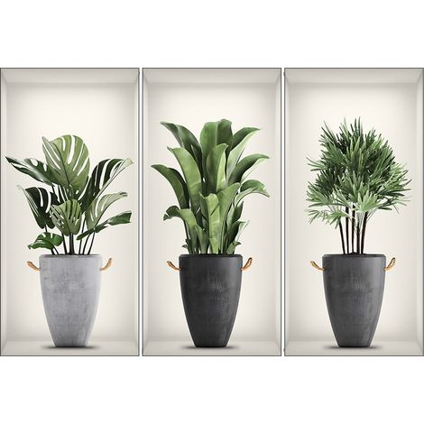 Lot de 3 stickers muraux 3D, plantes vertes, vases, bouteilles noires, décoration intérieur, chambre, bureau, cuisine (1/5)