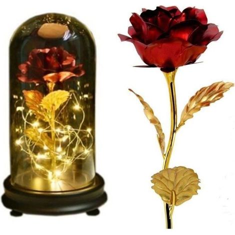 Rose Eternelle - Romantique - Rouge - Plaqué Or 24K - Verre de Haute Qualité - LED Blanc Chaud (1/4)