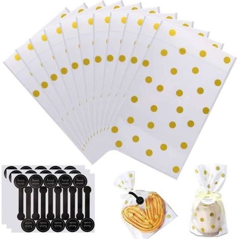 Sachet Biscuit, Sac Bonbons Transparent en Plastique, 100 Sac Sachet Pochette de Cadeaux + Autocollants pour Biscuits, Gâteaux, Bonb (1/3)