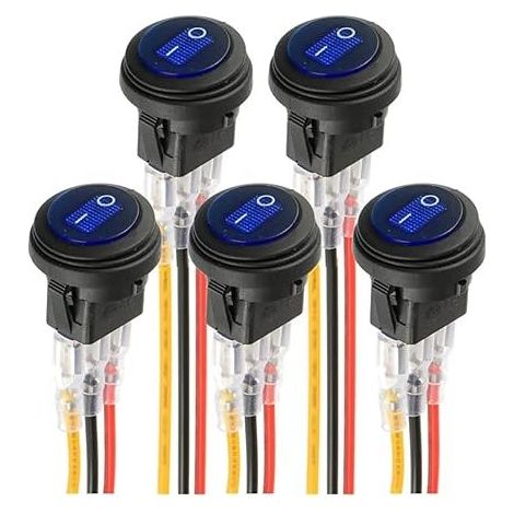 Blauer runder LED-Elektrolumineszenzschalter KCD1-8 wasserdichter Wippschalter 12V 20A Marine und verschiedene wasserdichte 3-polige Beleuchtungen mit Kabelsteuerung (5 Stück) (1/5)