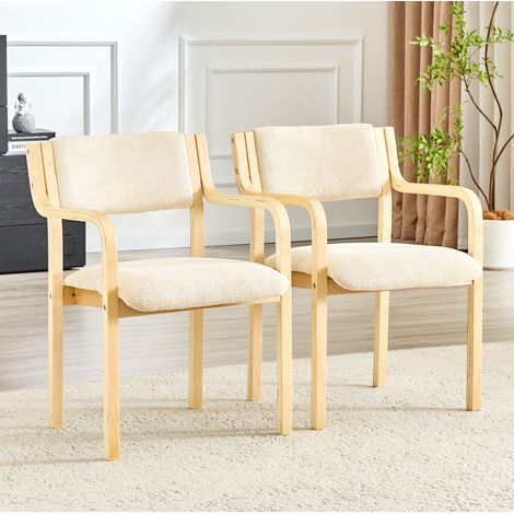 Set di 2 sedie da pranzo con braccioli in legno curvato e tessuto teddy bianco (1/5)