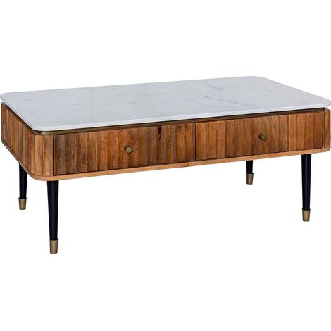 JAMARIS - Table Basse 4 Tiroirs en Manguier Plateau Marbre Pieds Teinté Embout Doré