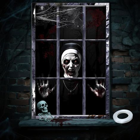 Rideau Halloween Deco Fenetre,120X80cm Decoration Halloween Exterieur Intérieur Decoration Suspendre Porte Halloween Fantômes Effrayants Nonne pour Jardin Cour Domicile Rideaux (Nonne) (1/5)