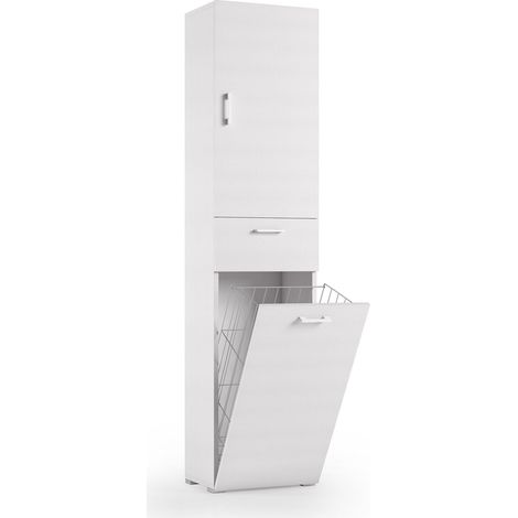 Mueble para ropa 45x32x195 cm fresno blanco con puerta, cajón y cesto para la ropa - Acero (1/4)