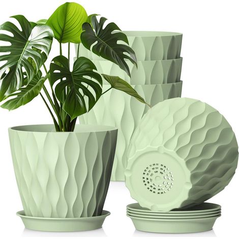 Lot de 5 pots de fleurs 20 cm avec soucoupes, plastique résistant, design ondulé, intérieur/extérieur, vert (1/5)