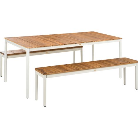 Mesa de comedor de jardín moderna con 2 bancos de madera de acacia con listones y estructura de metal marrón Giovinazzo (1/5)