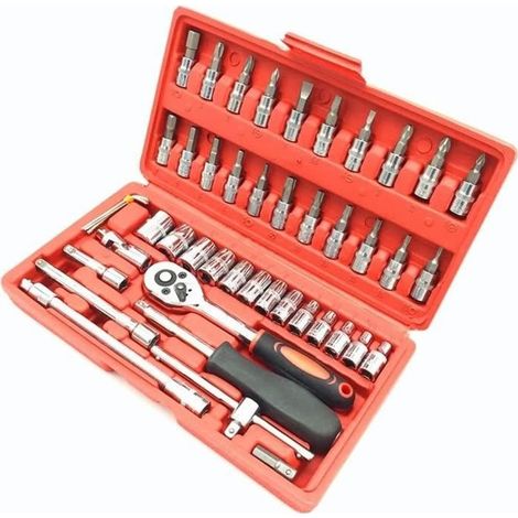 Coffret de Douilles 46 Pièces Jeu de Douille 1-4\" Chrome Vanadium avec Cliquet et Adaptateur Outillage Mecanique Auto Rouge 121 (1/4)