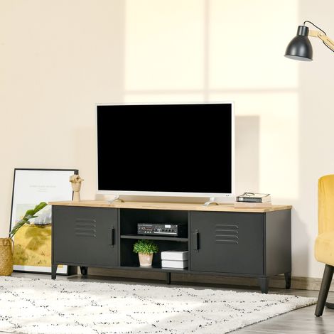 Meuble TV Banc TV pour téléviseurs de 55'' avec 2 Placards Pieds Réglables Cadre métalique noir Plateau en Bois Naturel 150 x 40 x 50 cm (1/5)