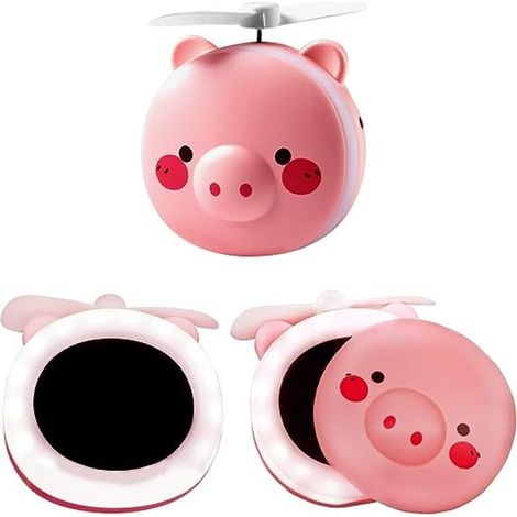 Mini-Kosmetikventilator (2-in-1) mit Schweinchen- und Cartoon-Motiv, tragbar, für Make-up und allgemeine Anwendungen, USB-aufladbar