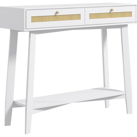 Mesa de entrada ratán con 2 cajones y estante abierto blanco 100x30x81 cm (1/5)
