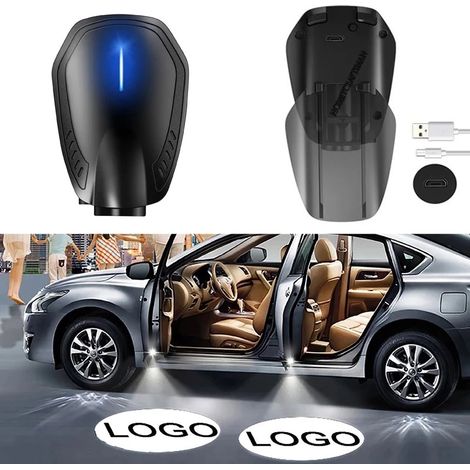 (1 pièce - Logo de marque automobile) Lampe de bienvenue LED sans fil rechargeable par USB pour portière de voiture, projecteur laser avec logo, éclairage à induction automatique, éclairage décoratif (1/4)