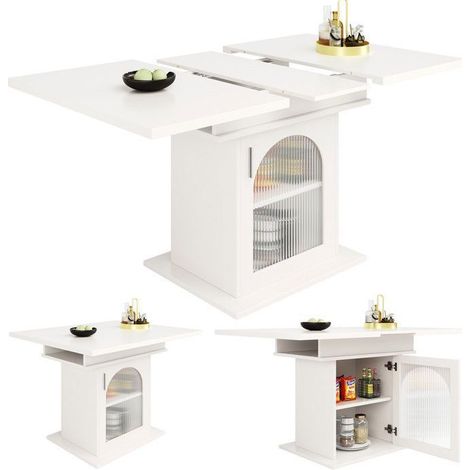 Table à manger télescopique - 140x80cm - Extensible - Espace de rangement - Blanc MDF (1/5)