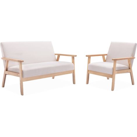 Armchair and 2-seater sofa in hevea wood, Isak set, Beige, 114x69.5x73 cm (1/5)