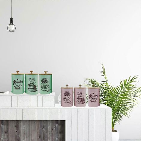 Ensemble de 3 élégantes boîtes de cuisine roses de style ferme vintage, idéales pour ranger le café et le sucre. Elles sont dotées de couvercles hermétiques et sont parfaites pour conserver le sucre e (1/5)