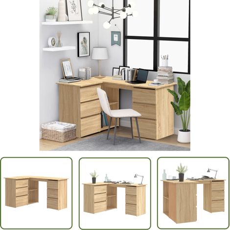 The Living Store Bureau d'angle Chêne sonoma 145x100x76 cm Bois d'ingénierie - Bureau D'angle - Bureau Informatique - Meuble De Bureau - Bureau Design - Bureau Chêne Sonoma (1/5)