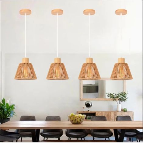 4x Retro Suspension Luminaire Industriel,20cm Lampe de Plafond en Rotin Bois E27 Lustre Ajustable Vintage pour Salon Chambr (1/5)