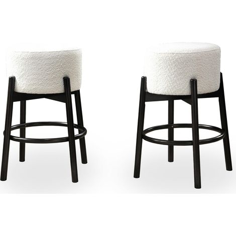 SULLY - Lot de 2 tabourets effet peau de mouton blanc et bois noir (1/3)