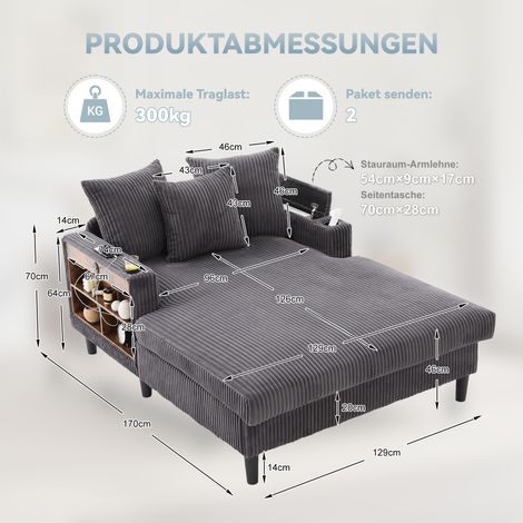 Canapé d'angle en velours côtelé multifonction avec méridienne, grande zone de couchage, porte-gobelets réversibles, éclairage LED, poche latérale, espace de rangement, port USB, pieds en plastique so