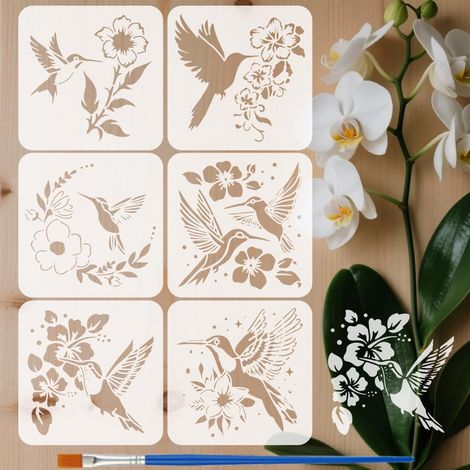 6Pcs Pochoir de Peinture de Fleurs de Colibri Avec Pinceau 20x20cm Réutilisable Fleurs Oiseaux Modèle de Dessin Décoratif Colibris Volants Pochoir pour Peinture sur Décoration de Meubles (1/5)