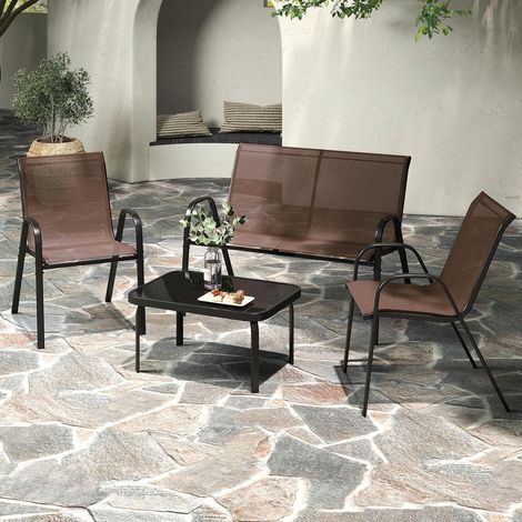 GOPLUS Salon de Jardin 4 Personnes Exterieur, 4 Pcs Canapé Exterieur avec Table Basse en Verre Trempée, 2 Fauteuils, Ensemble de Bistrot pour Terrasse,Balcon (Brun) (1/5)