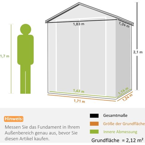 Abri de jardin en métal gris, double porte verrouillable avec fenêtre, ossature aluminium, dimensions 1,80x1,30x2,10 m, cabanon résistant extérieur (1/5)