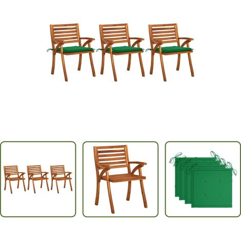 Chaise en bois d'acacia - Chaises à manger de jardin avec coussins lot de 3 Acacia massif (1/5)
