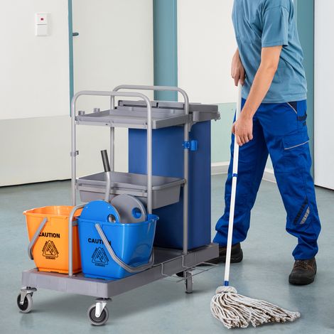 Chariot de nettoyage à 3 niveaux avec sac poubelle et essoreuse. 111 x 63,3 x 103 cm. Gris, bleu et orange.
