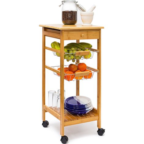 Relaxdays Carro de cocina JAMES hecho de bambú, 80.5 x 37 x 37 cm, 4,8 Kg, 1 cajón, 2 cestas, 4 ruedas, color natural (1/5)