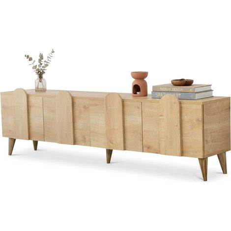 Mueble TV Scodosia, 4 compartimentos, 4 puertas, apertura abatible, 180x35x50 cm, roble claro