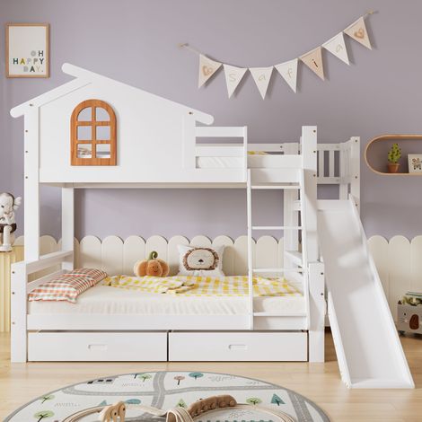 Modernluxe – Lit superposé cabane avec toboggan et tiroirs – cadre en pin – 90x200cm et 120x200cm – sécurité renforcée – construction robuste