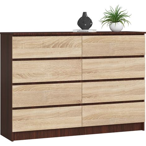 Commode AKORD K140 Wengé 138 cm 8 tiroirs façade Chêne Sonoma 138x40x99 cm